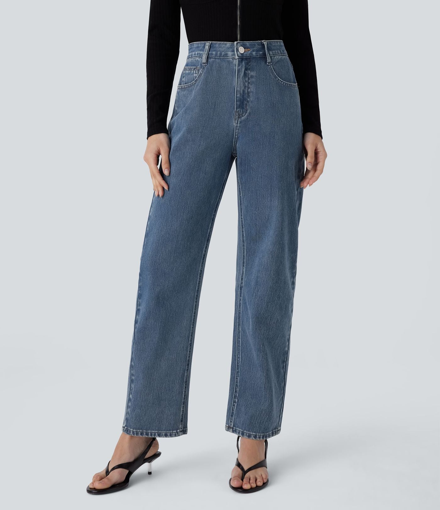 Halara Flex™ Jean droit extensible à taille haute avec bouton, fermeture éclair et poches multiples