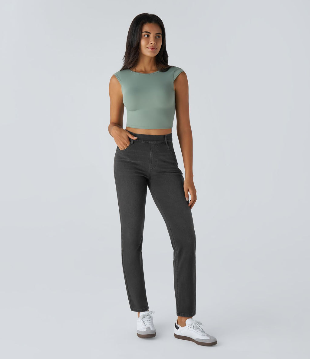 Jean droit Halara Flex™ à taille haute, poches multiples, effet délavé et tissu extensible