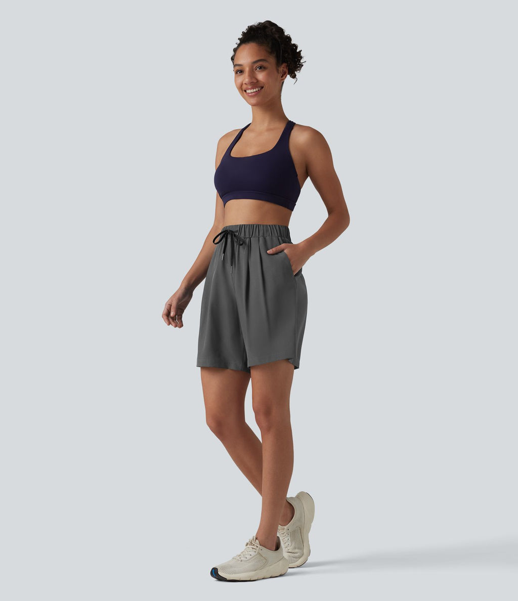 Short de yoga plissé taille haute avec ceinture élastique, cordon de serrage et poches 17,5 cm