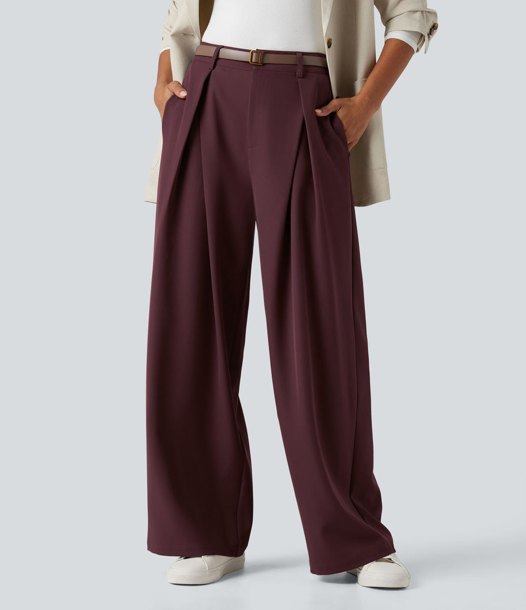 Pantalon tailleur large, taille haute, à poches