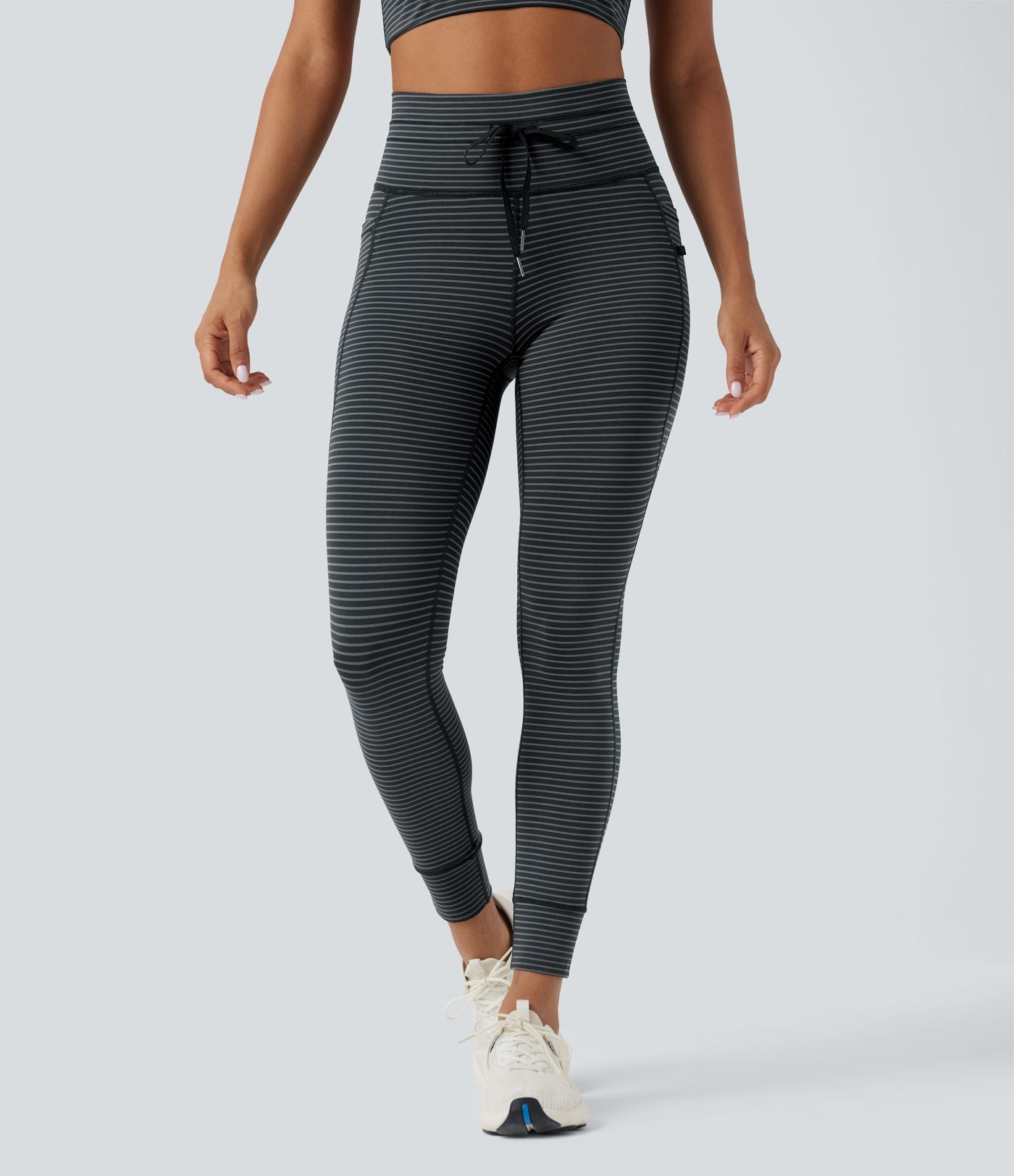Legging de yoga rayé taille haute avec cordon de serrage et poches