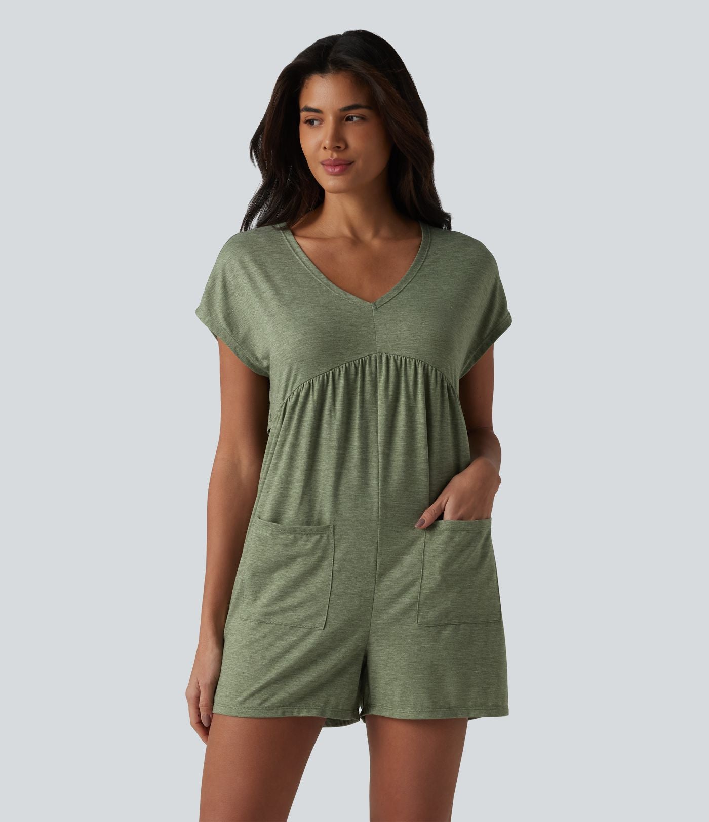 Combishort décontracté col V dos drapé manches courtes en jersey chiné avec poches - Easy Peasy