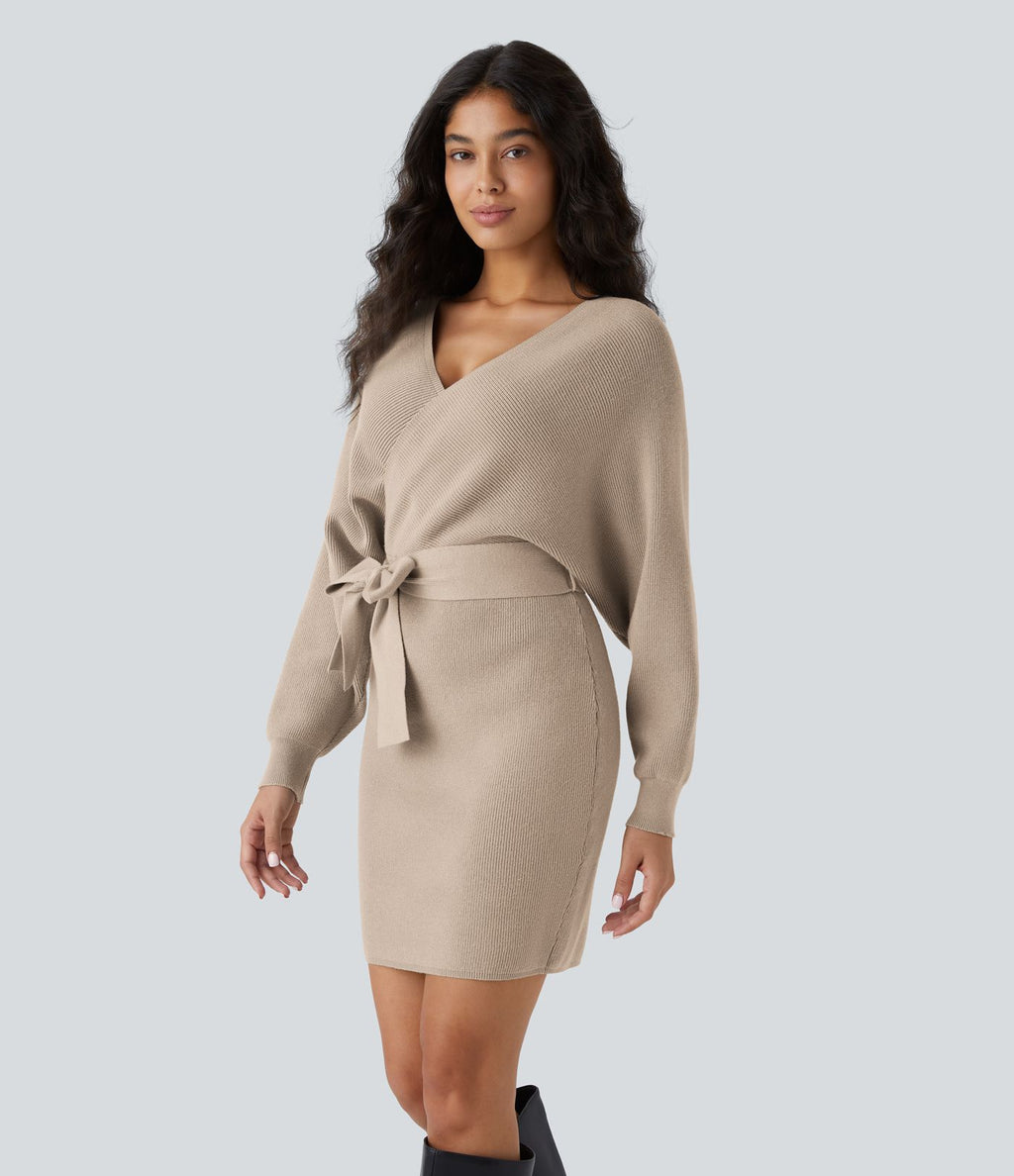 Robe-pull courte décontractée à col V croisé, manches chauve-souris longues et ceinture