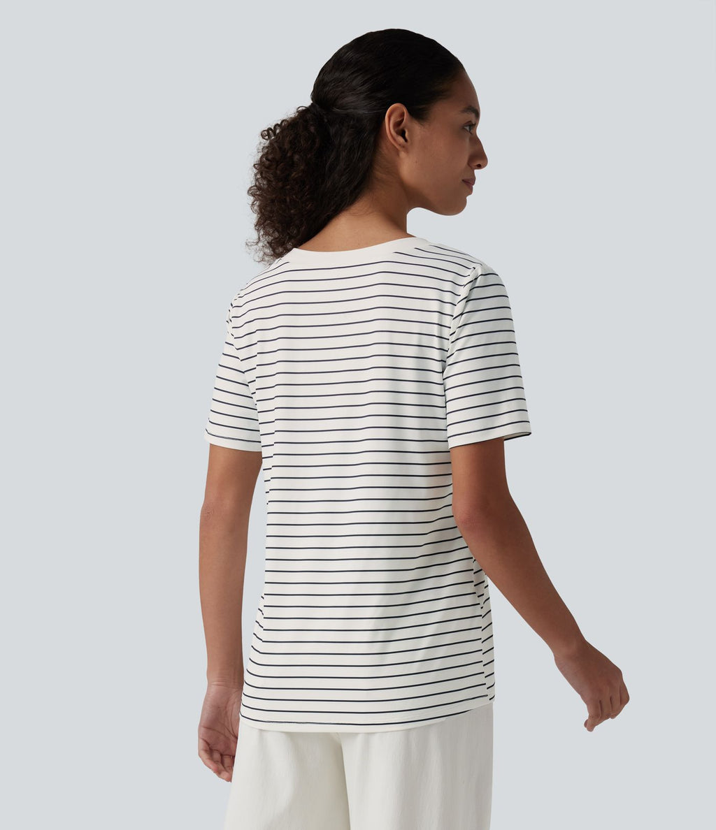 T-shirt décontracté col V manches courtes rayé