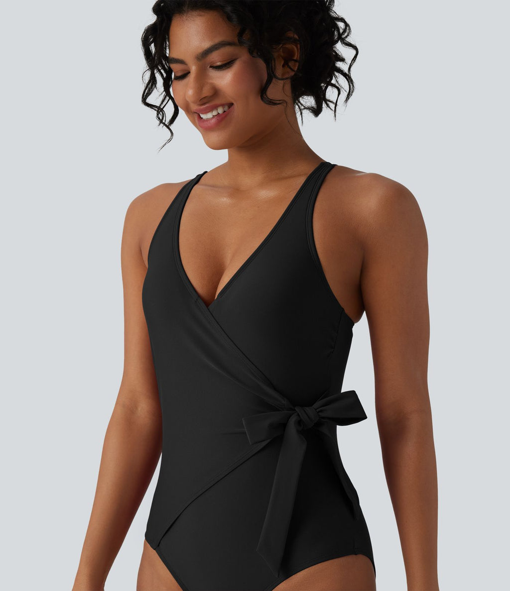 Maillot de bain une pièce gainant col V avec brassière intégrée et liens latéraux