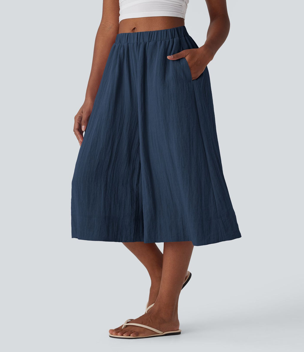 Pantalon fluide large taille mi-haute effet lin avec poche
