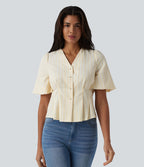 Blouse casual à rayures col V et manches bouffantes mi-longues