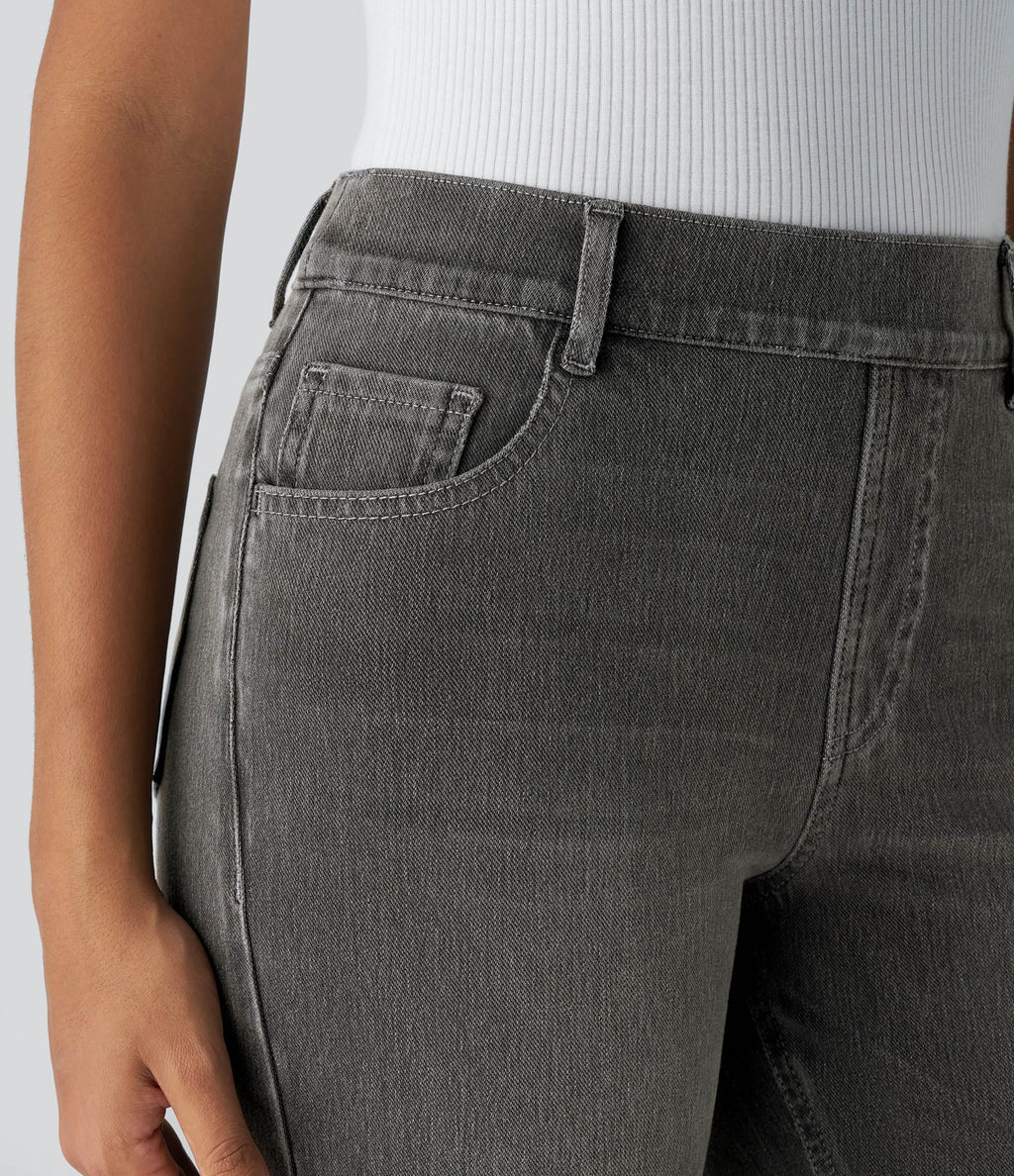 Jean droit Halara Flex™ à taille haute, poches multiples, effet délavé et tissu extensible