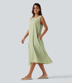 Robe débardeur midi décontractée en vichy froissé, col rond, sans manches, à poches