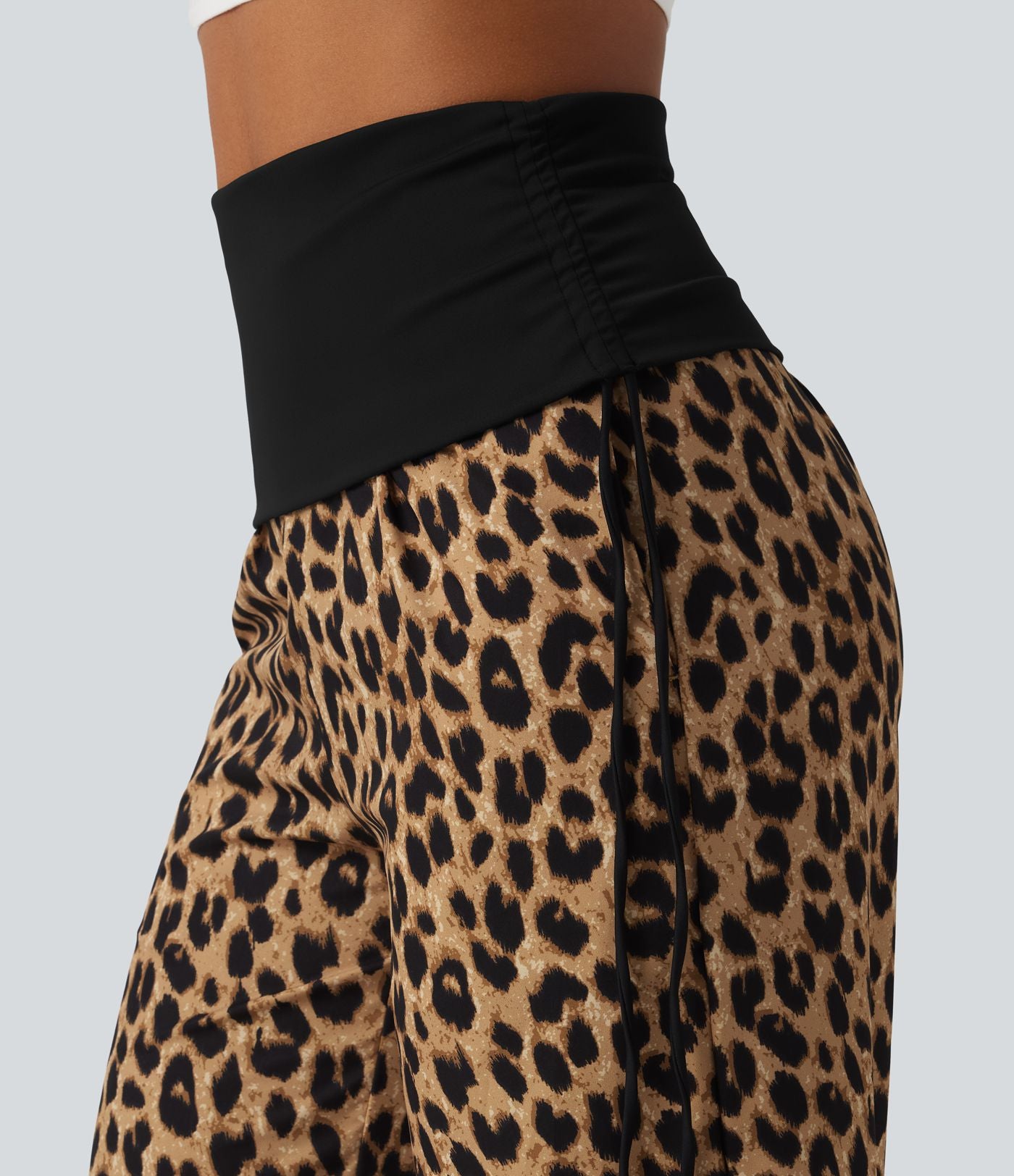 Pantalon baggy casual à imprimé léopard taille haute à revers avec fronces, cordon et poches