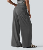 Pantalon casual large ample chiné taille haute croisé à lacets avec poches