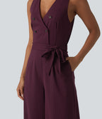 Combinaison tailleur sans manches à col V, ceinturée, avec zip invisible, rayures et effet frais avec poches, accès facile Easy Peasy