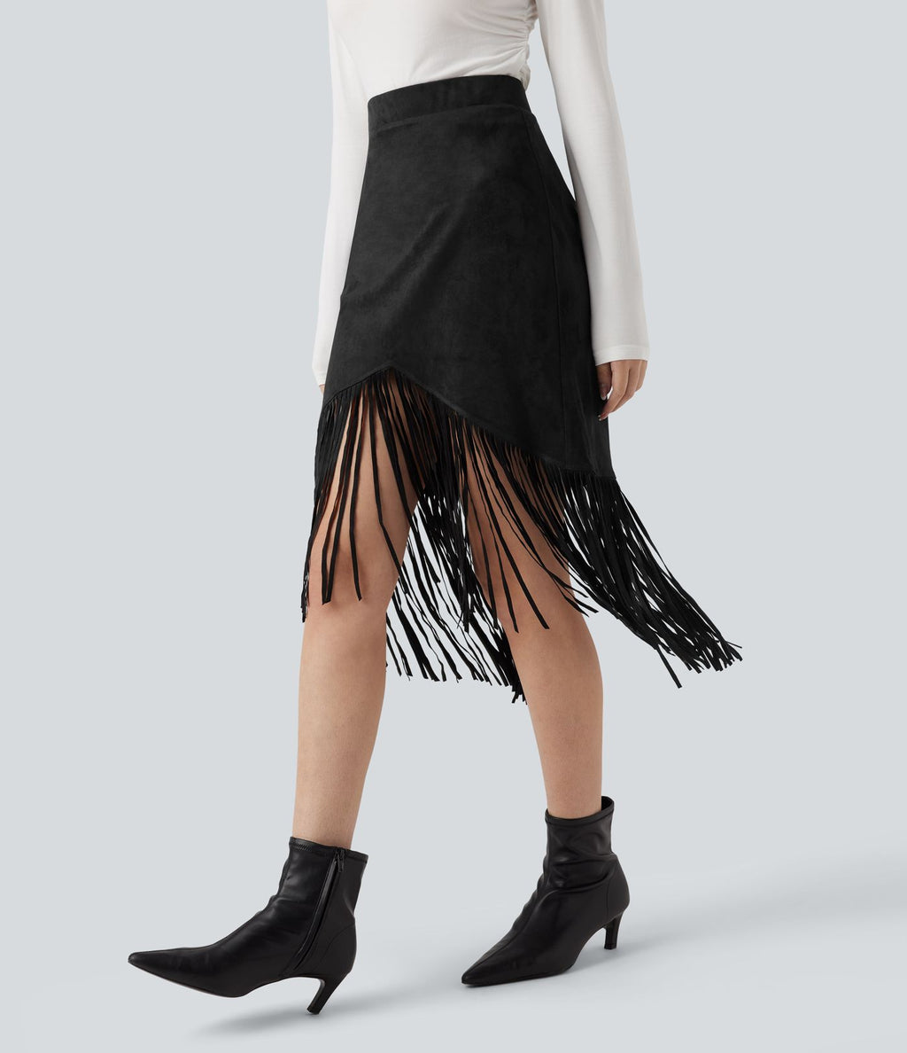Jupe midi de soirée effet daim taille haute à franges