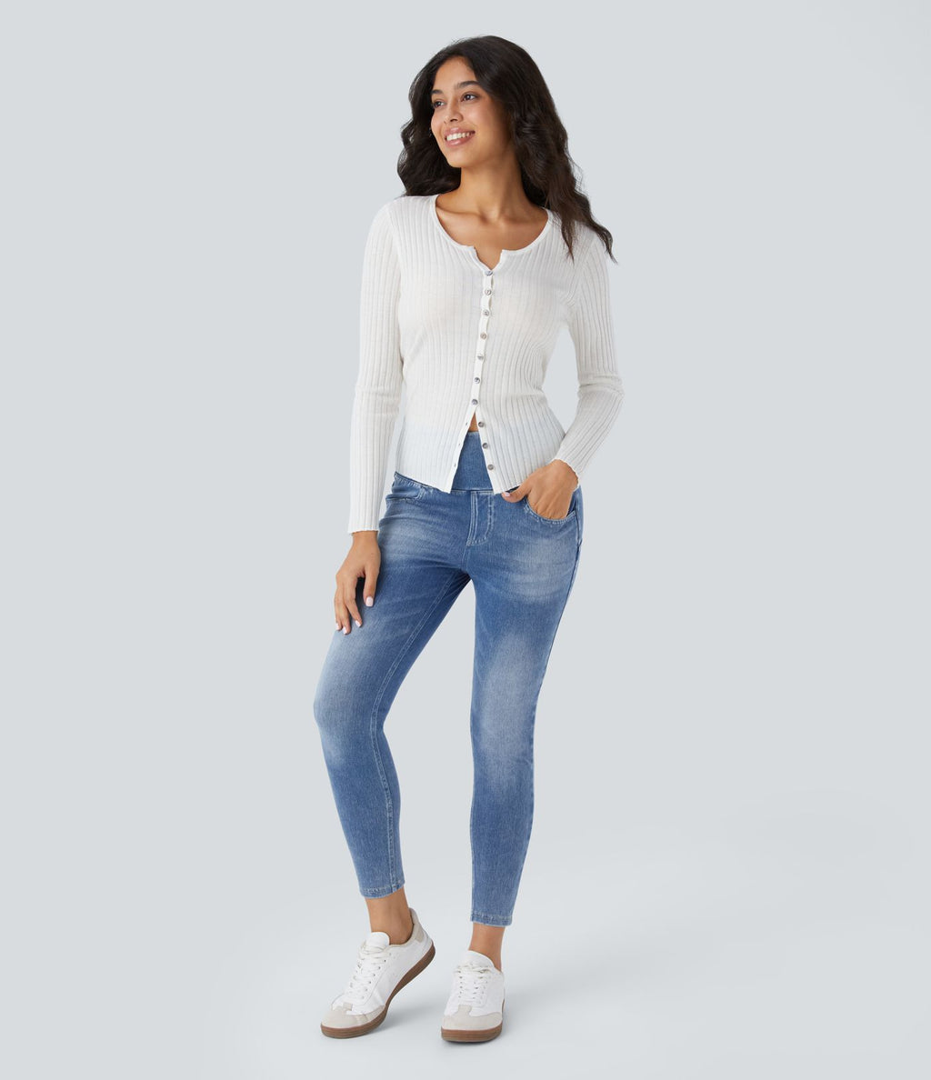 Legging 7/8 décontracté taille haute effet denim avec poches