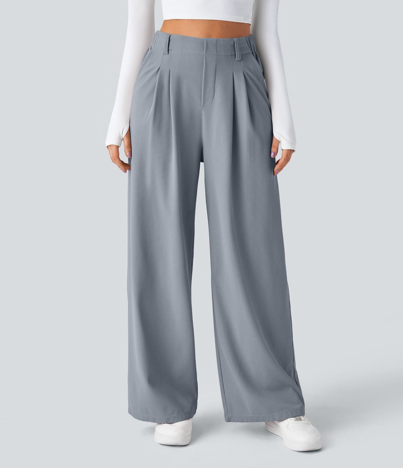 Pantalon Tailleur Large Fluide Halara Flex™ Gaufré Taille Haute Poches Latérales