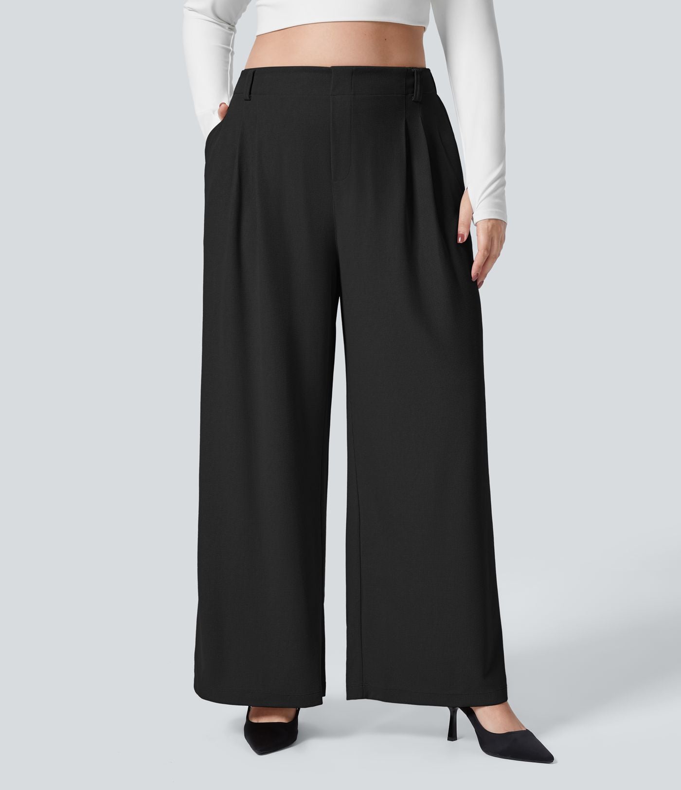 Halara Flex™ Pantalon tailleur Grande taille à Taille Haute, Poches Latérales Plissées, Jambes Larges, en Tissu Gaufré