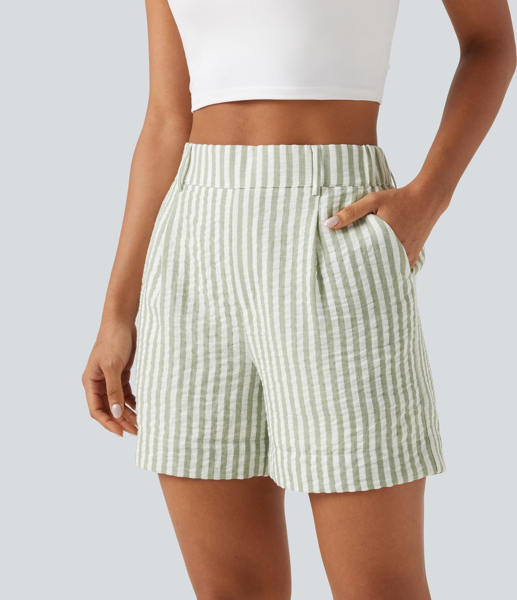 Short casual taille haute à rayures avec poches et aspect lin