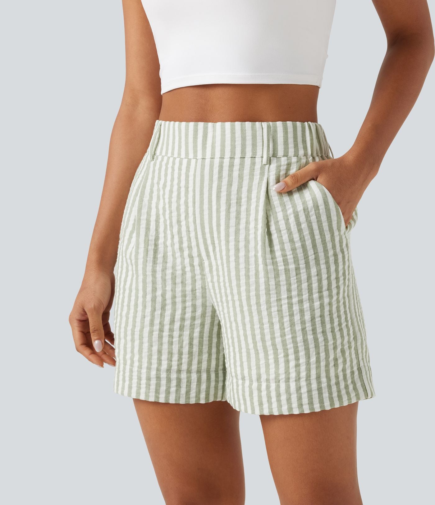 Short casual taille haute à rayures avec poches et aspect lin