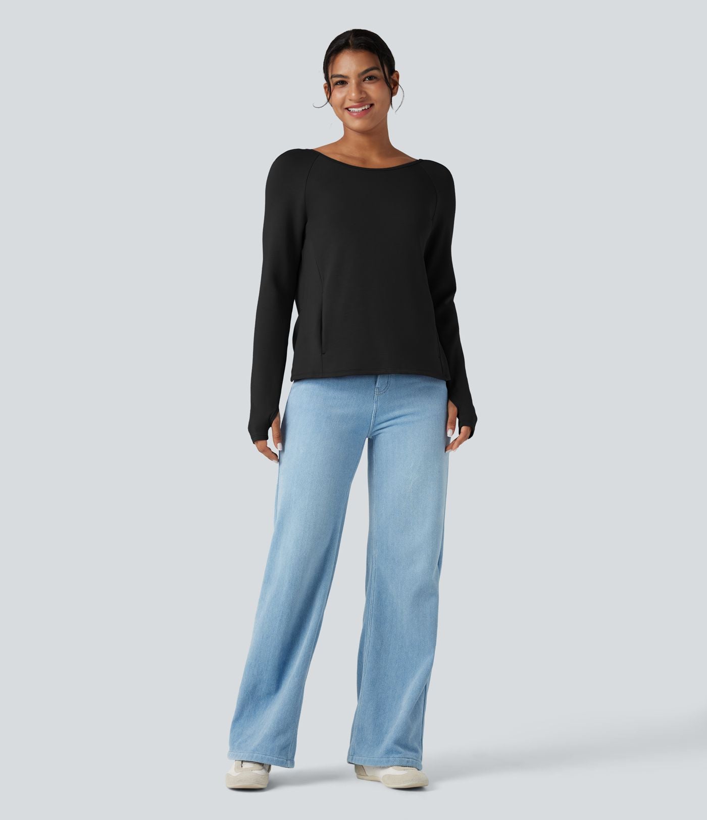 Sweat-shirt décontracté SpacerTek™ dos nu, manches longues avec trous pour les pouces, avec poches