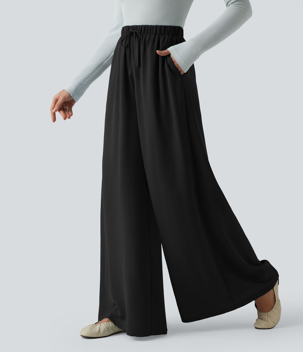 Pantalon large fluide décontracté taille haute effet lin avec cordon de serrage et poches