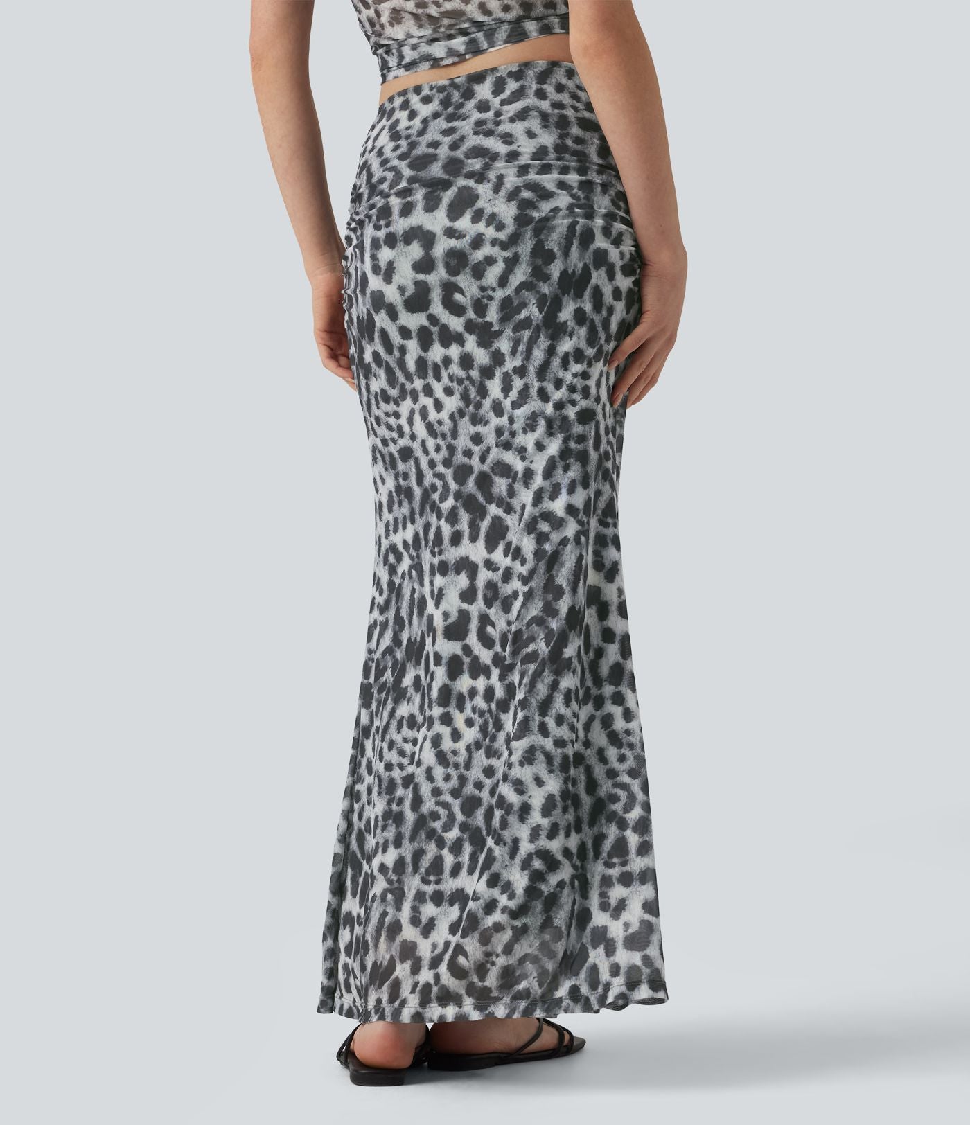 Jupe longue sirène de soirée mesh imprimé léopard avec fronces taille mi-haute