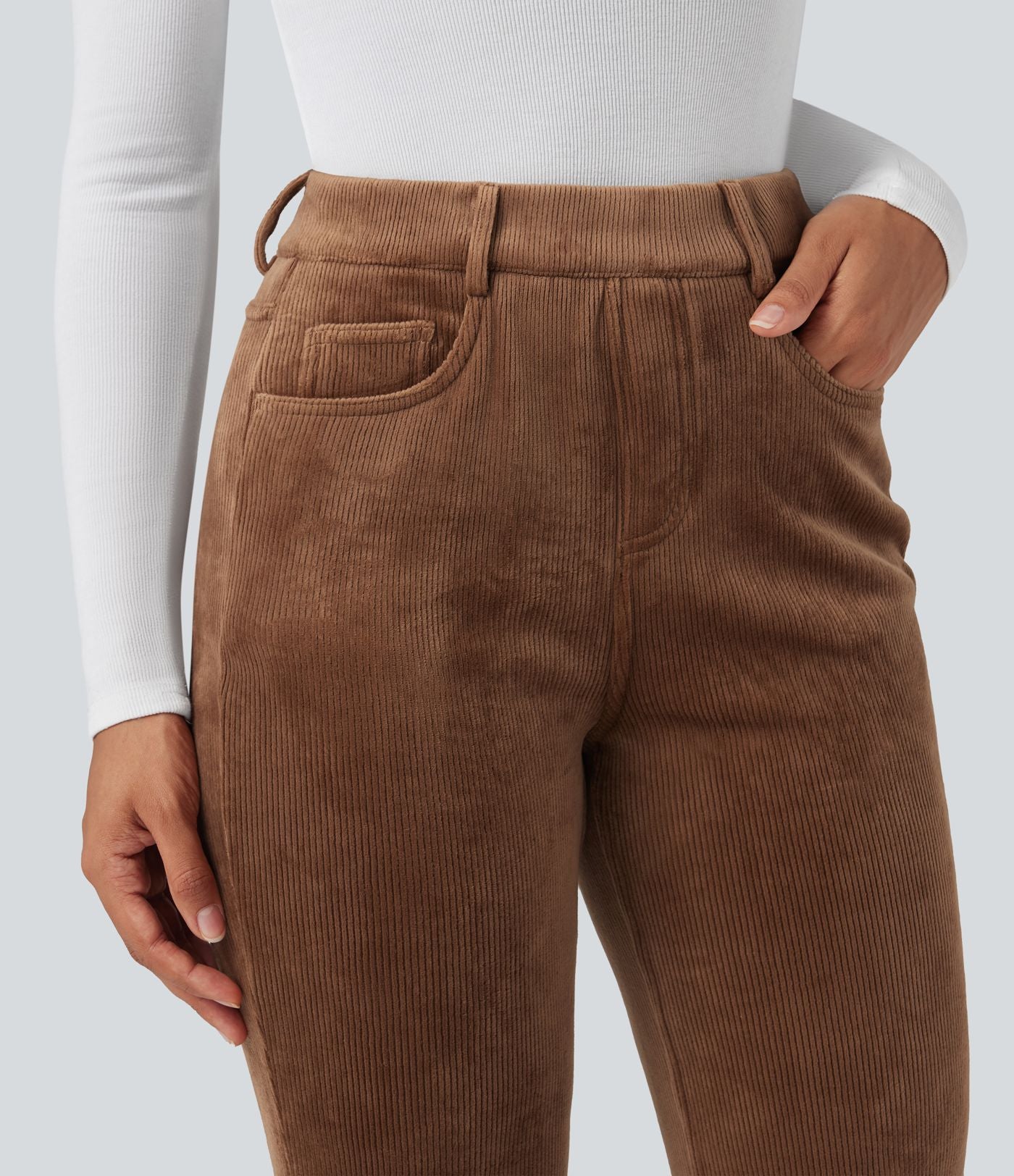 Pantalon évasé décontracté en velours côtelé molleton taille haute gainant avec poches