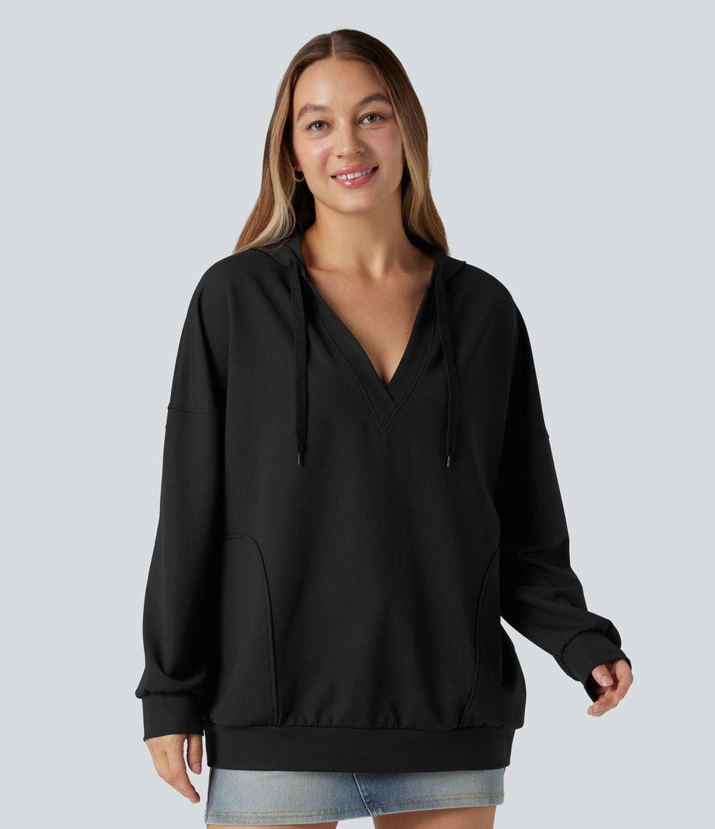 Sweat-shirt à capuche col V manches longues coupe décontractée avec poches