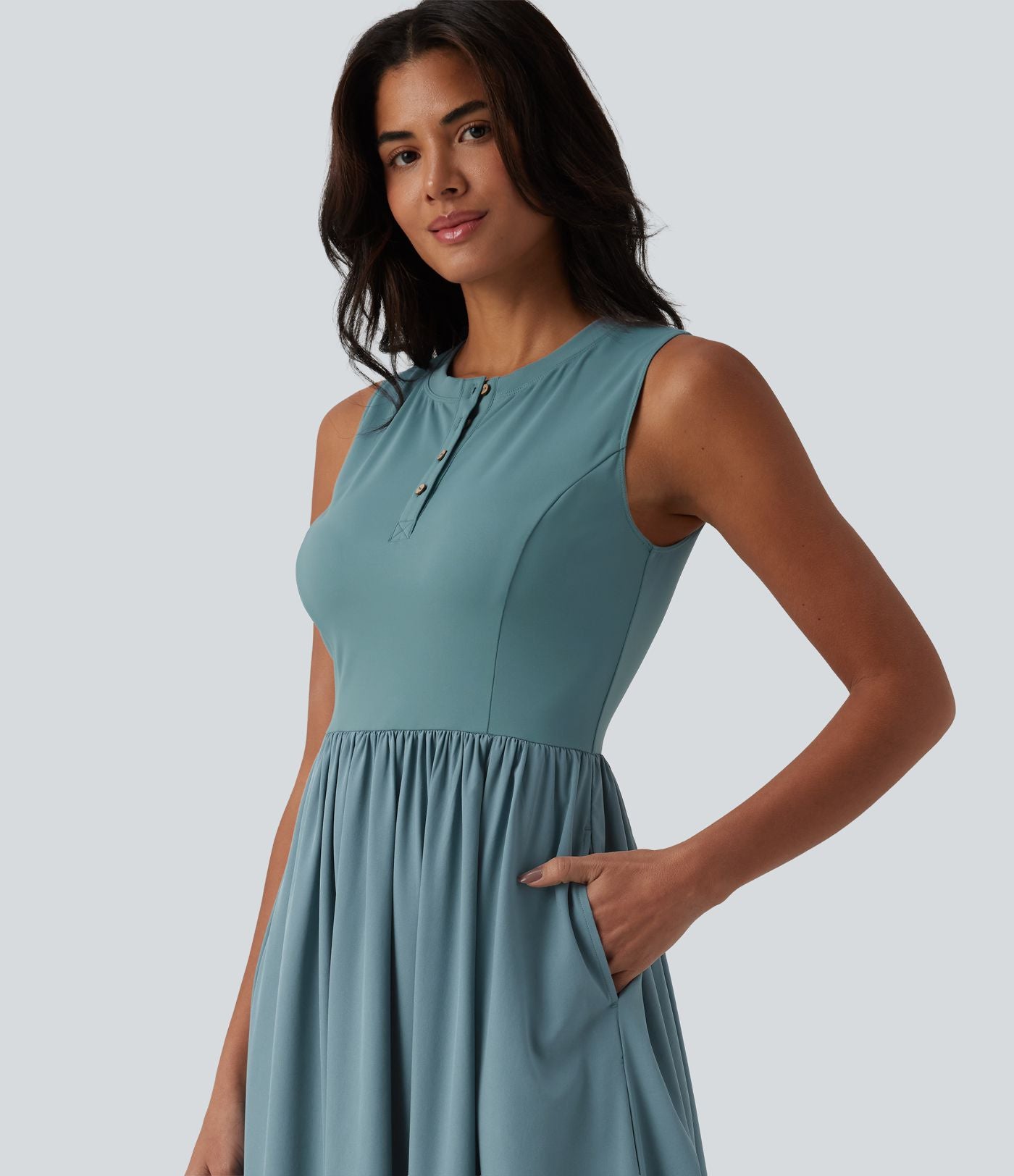 Robe midi évasée fluide décontractée Breezeful™ col Henley sans manches à séchage rapide avec poches