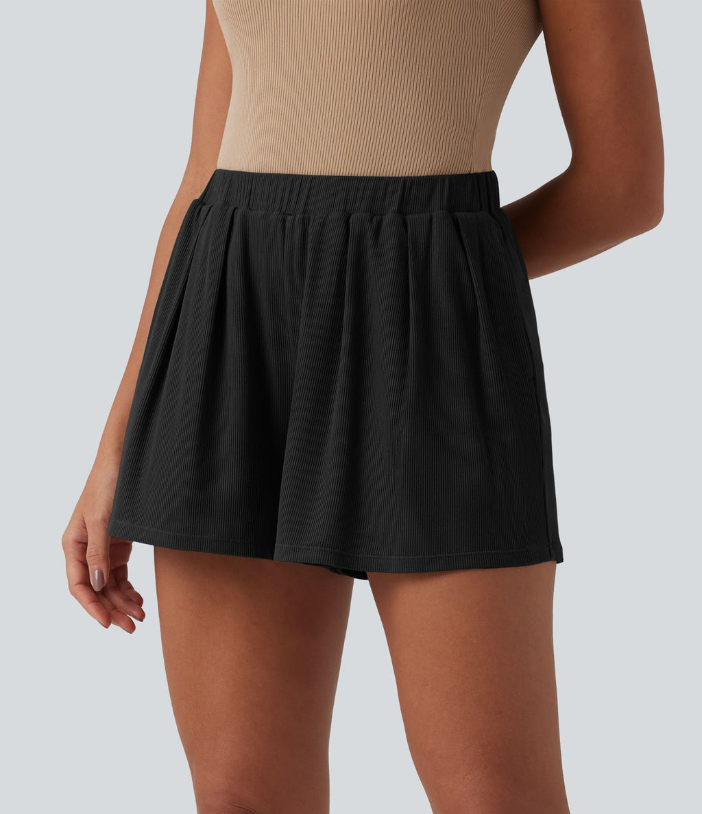Short tailleur casual ample taille mi-haute côtelé maille avec poches