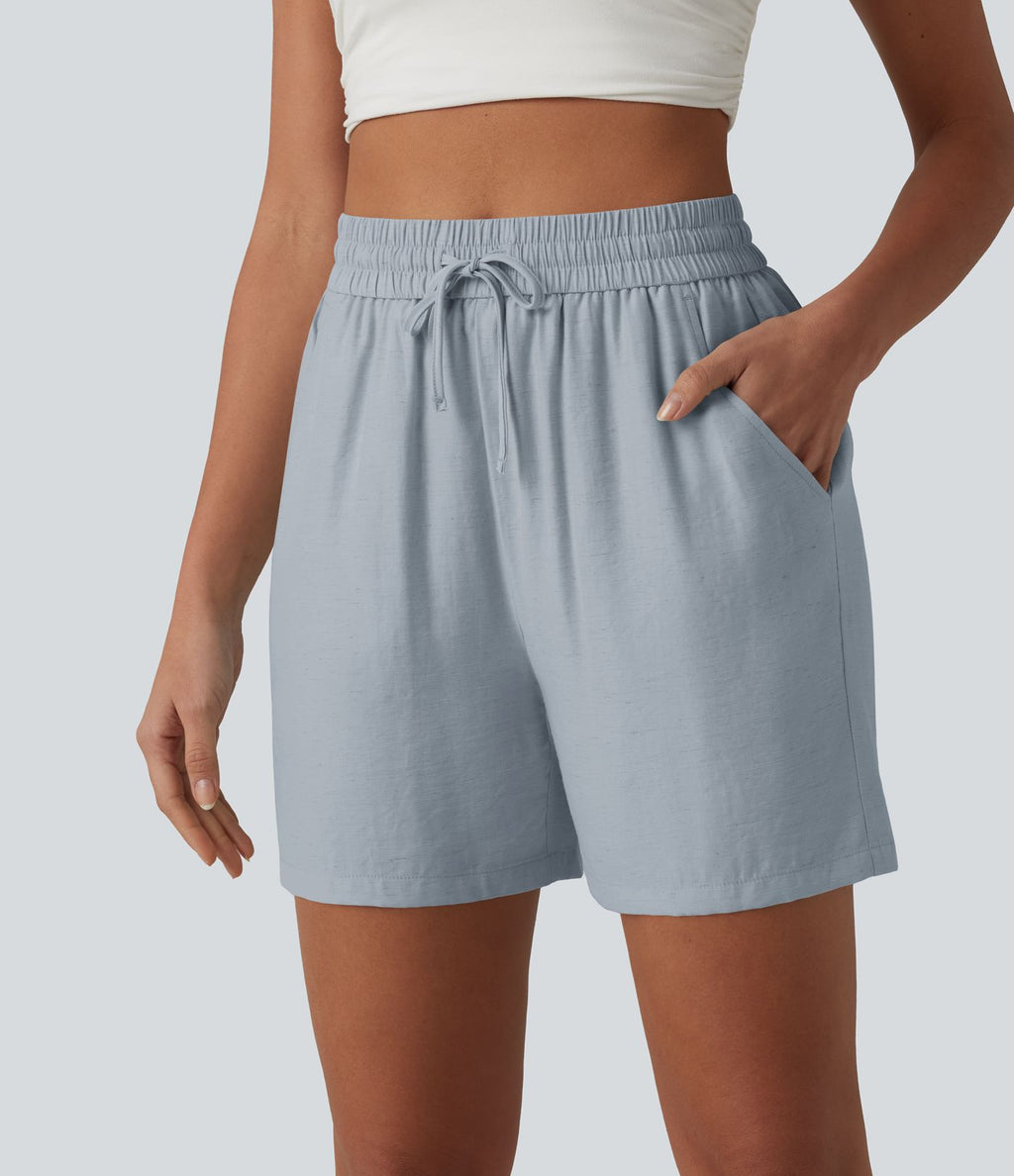 Short décontracté ample en lin mélangé taille haute avec cordon de serrage, 12,5 cm, et poches