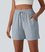Short décontracté ample en lin mélangé taille haute avec cordon de serrage, 12,5 cm, et poches