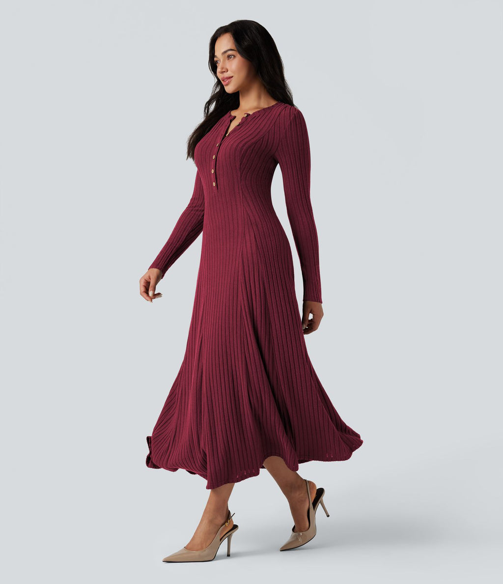Robe longue fluide maille côtelée col henley manches longues