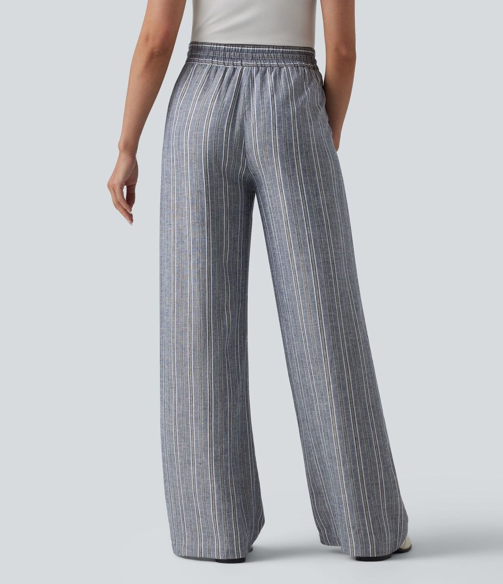 Pantalon tailleur large en lin rayé taille haute avec cordon de serrage et poches