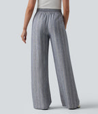 Pantalon tailleur large en lin rayé taille haute avec cordon de serrage et poches