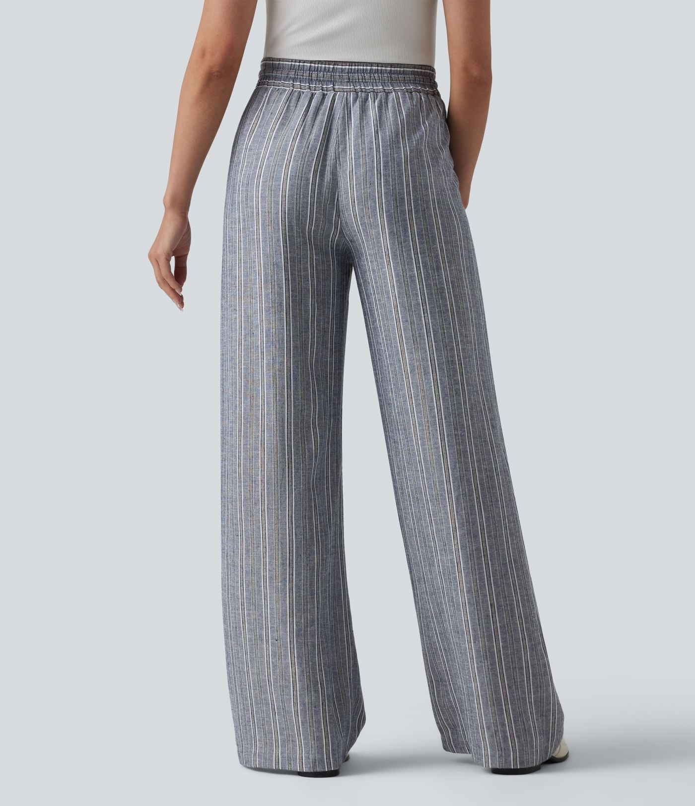 Pantalon tailleur large en lin rayé taille haute avec cordon de serrage et poches