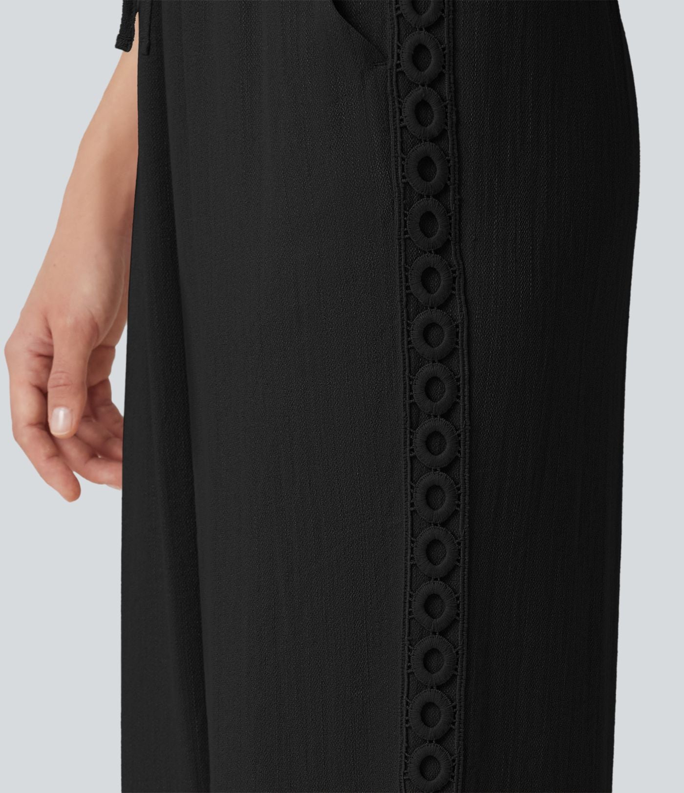 Pantalon décontracté taille haute à cordon de serrage, effet lin, avec poches