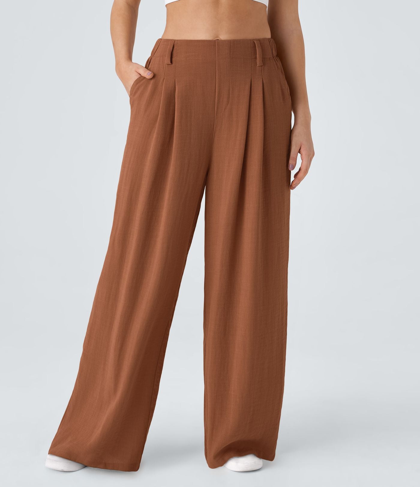 Pantalon Fluide Large Taille Haute Poches Latérales Palazzo Solide Casual Linen-Feel