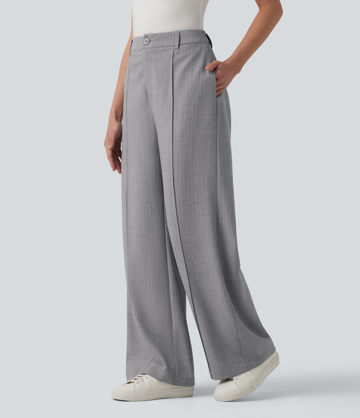Pantalon tailleur droit taille haute aspect lin avec poches