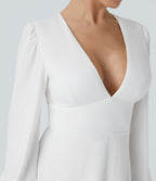 Robe longue de demoiselle d'honneur et invitée de mariage, col V, dos nu, liens à nouer, boutons et manches évasées