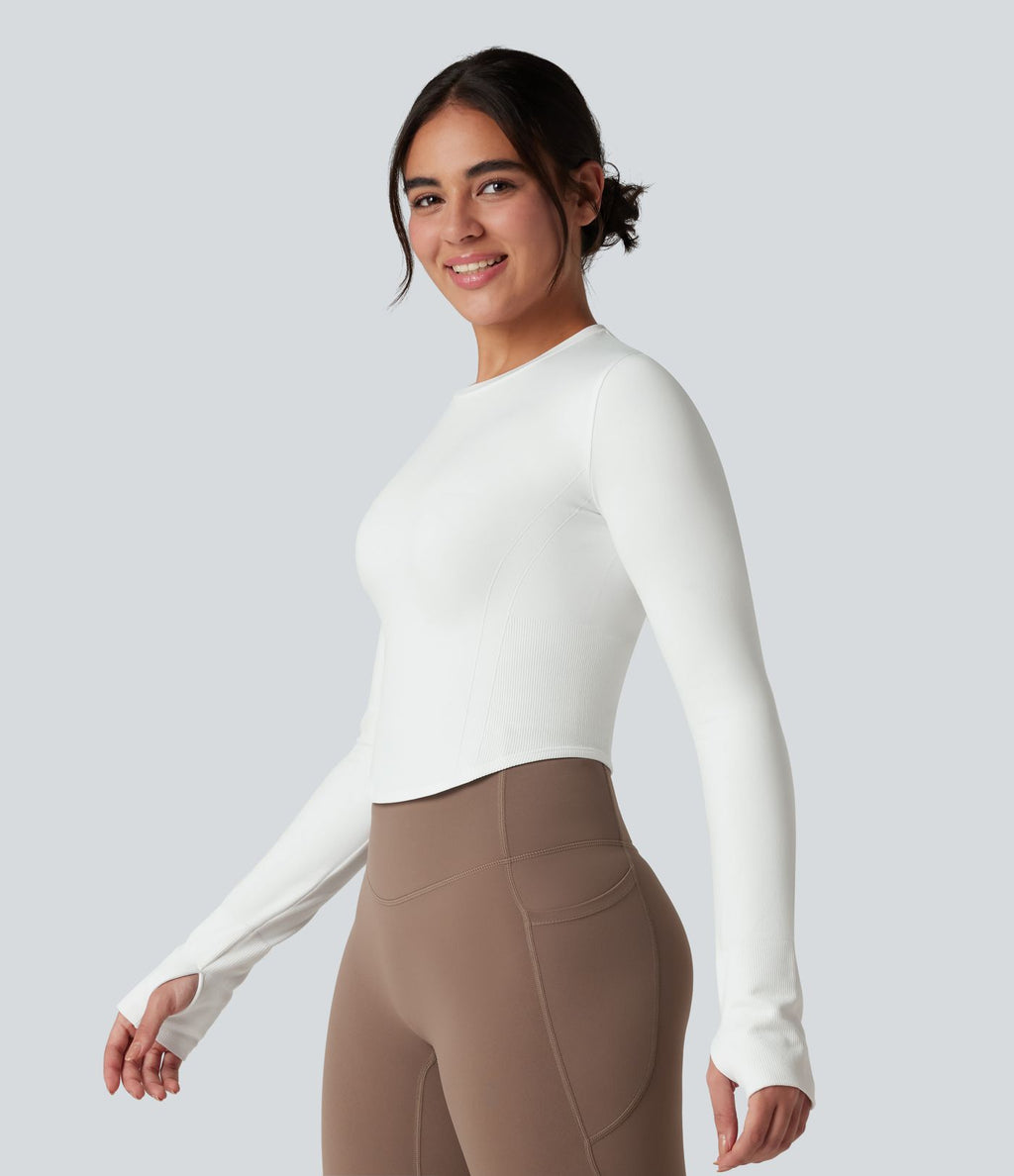 Haut de sport yoga col rond à manches longues avec passants pouces et ourlet arrondi sans couture Seamless Flow