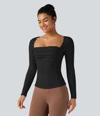 T-shirt tailleur côtelé col carré froncé manches longues