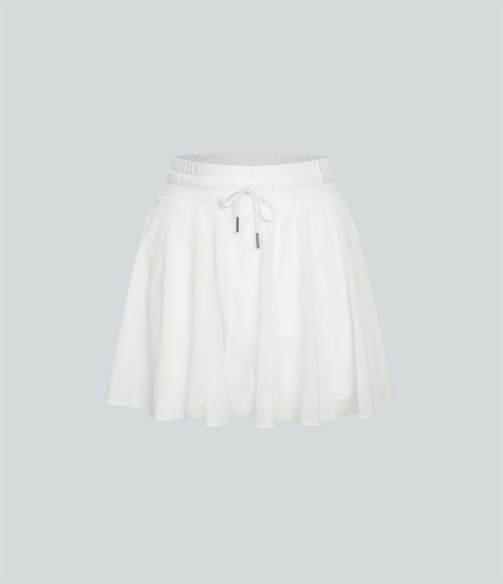 Jupe Casual Évasée Fluide 2 en 1 en Maille Contrastée Taille Haute Cordon de Serrage Poche Latérale