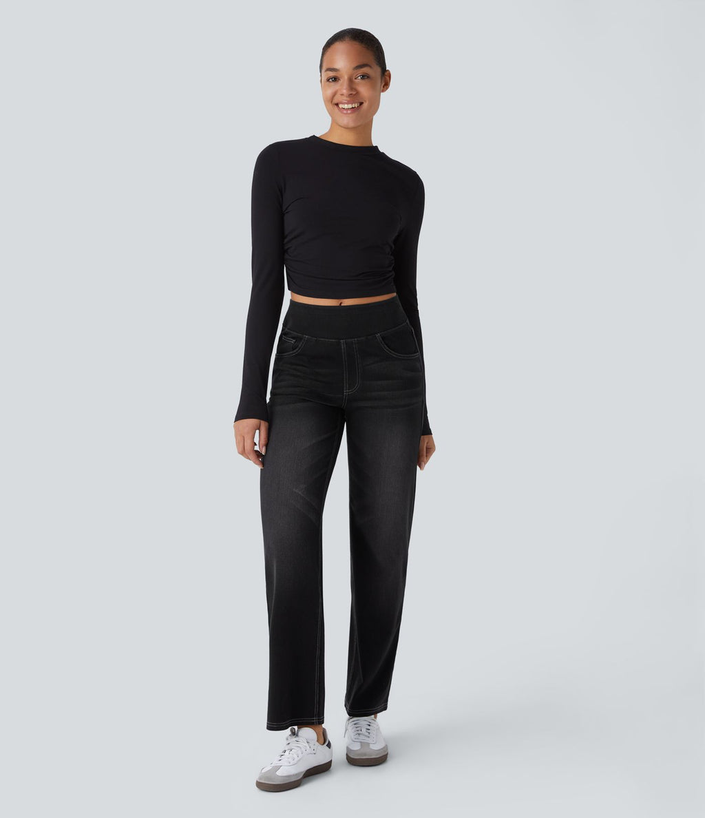 Jean décontracté Halara Flex™ taille haute, extensible, délavé, jambes droites avec poches multiples