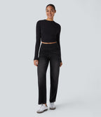Jean décontracté Halara Flex™ taille haute, extensible, délavé, jambes droites avec poches multiples