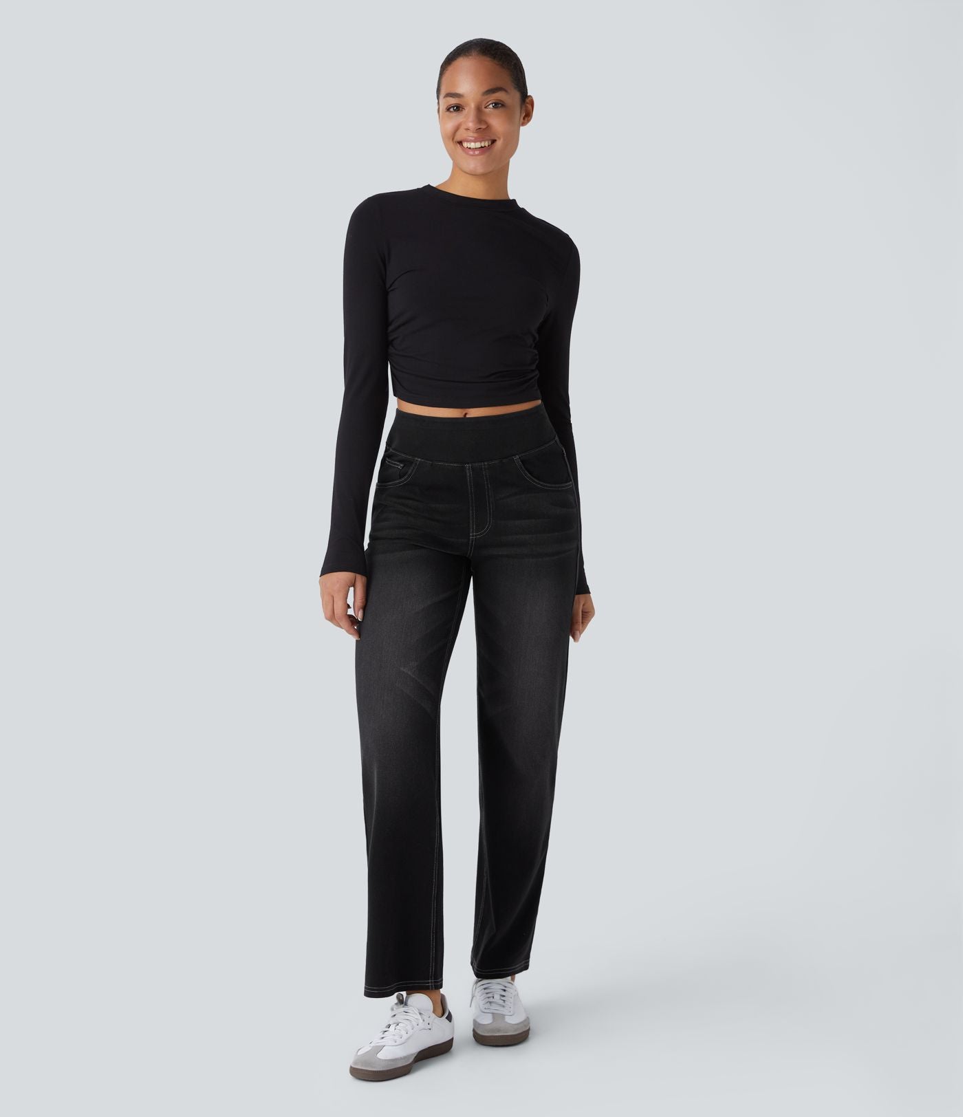 Jean décontracté Halara Flex™ taille haute, extensible, délavé, jambes droites avec poches multiples