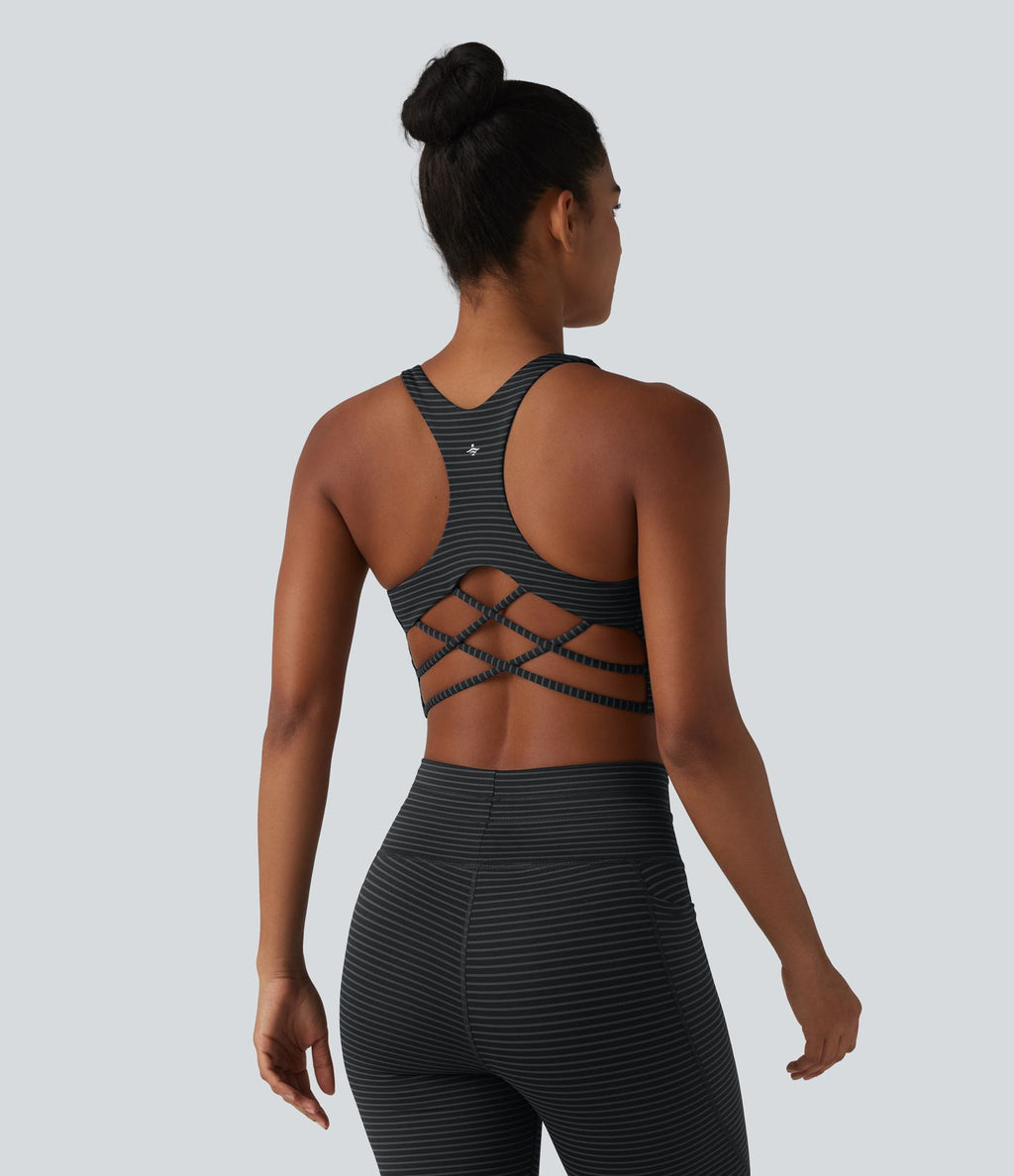 Brassière de sport yoga à rayures dos nageur croisé maintien léger avec soutien-gorge intégré