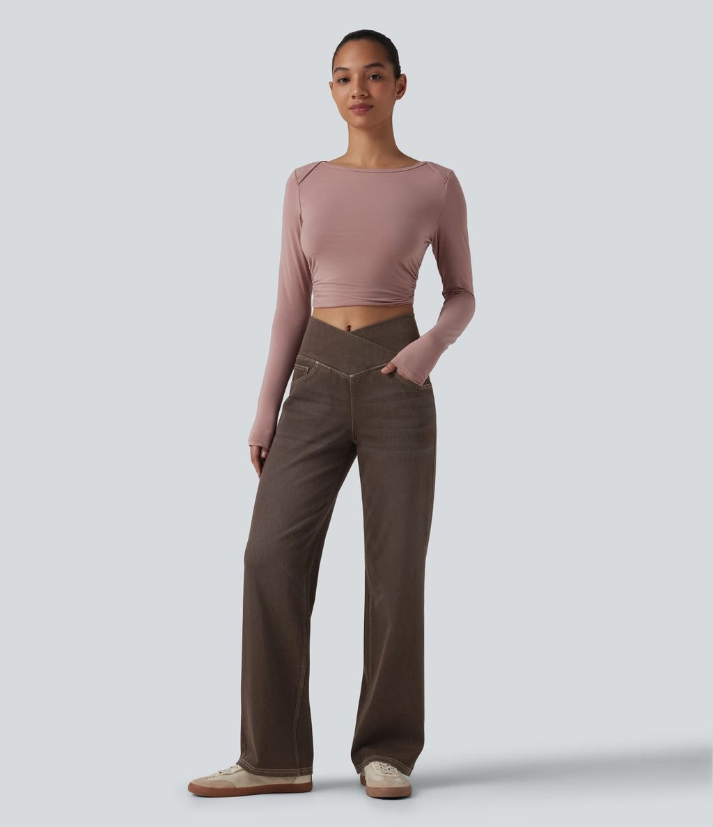 Halara Flex™ Jean large coloré taille haute croisée avec poches