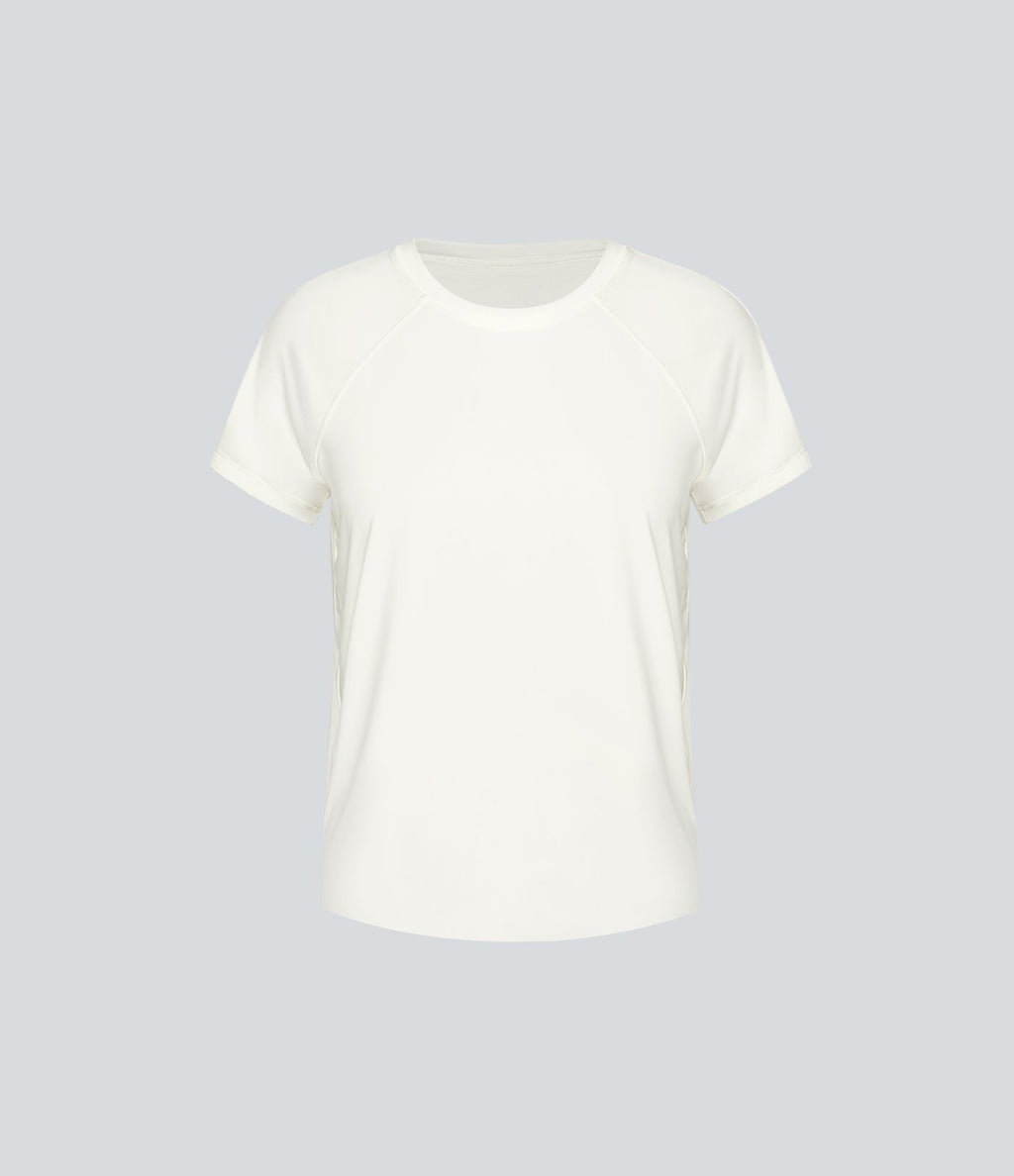 Haut de sport yoga à manches courtes avec ourlet fendu, effet frais InstantCool et mesh contrastant, protection solaire UPF50+
