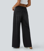 Halara Flex™ Jean Large Casual Taille Basse avec Boutons Zip Multiples Poches Lavés Élastiques et Tricotés