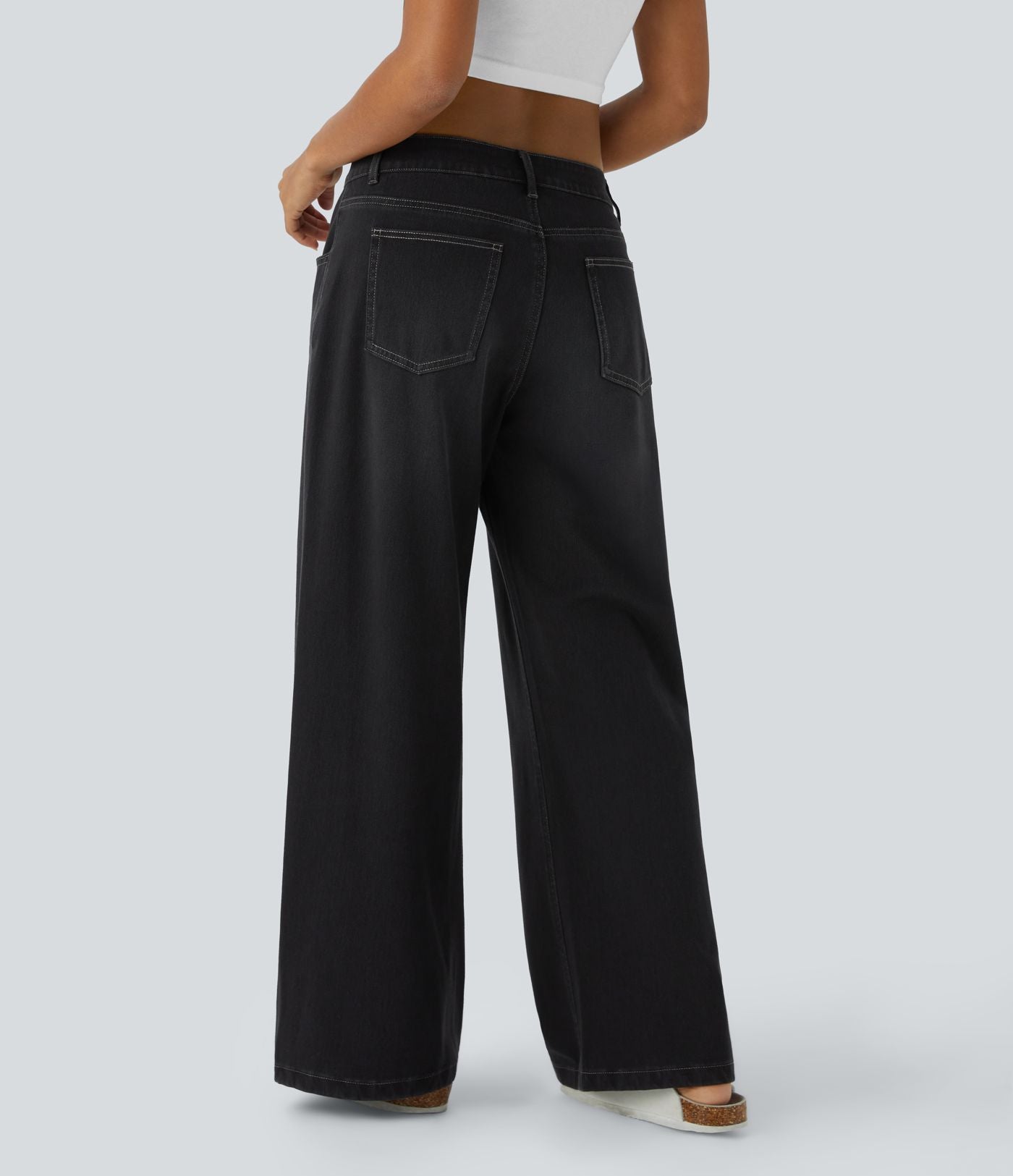 Halara Flex™ Jean Large Casual Taille Basse avec Boutons Zip Multiples Poches Lavés Élastiques et Tricotés